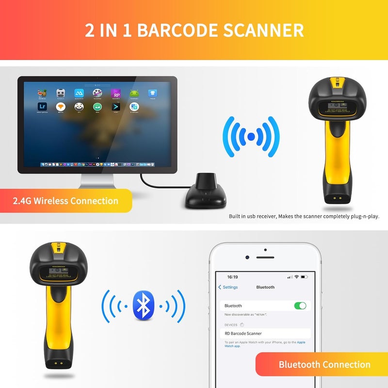 NETUM Upgraded QR Industrial Bluetooth Barcode Scanner with Charging Dock, Wireless 2D 1D Bar Code Reader 2600mAh Drop Protection Shock Dust Proof Hands Free for Windows Mac Android iOS (NT-1202W) - Image 5